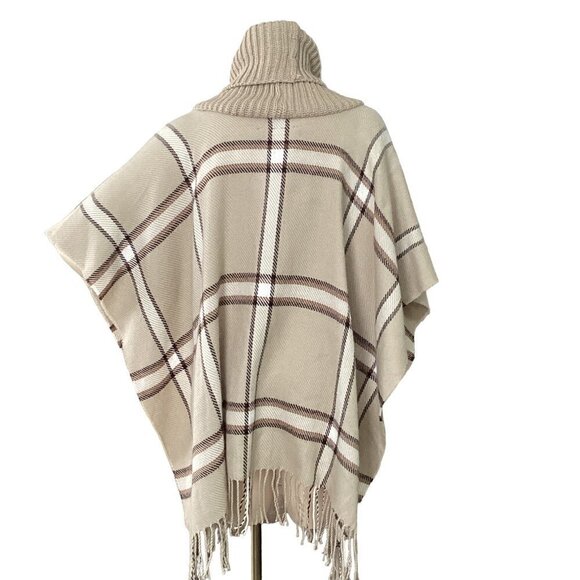 APT 9 Plaid Poncho Ribbed Knit Cowl Neck Fringed Hem One Size Beige 219C - Picture 4 of 7